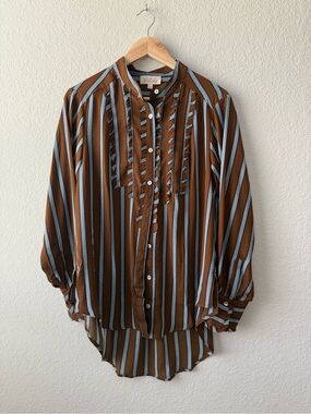 Listicle Striped Ruffle Front Long Blouse - Brown & Light Blue